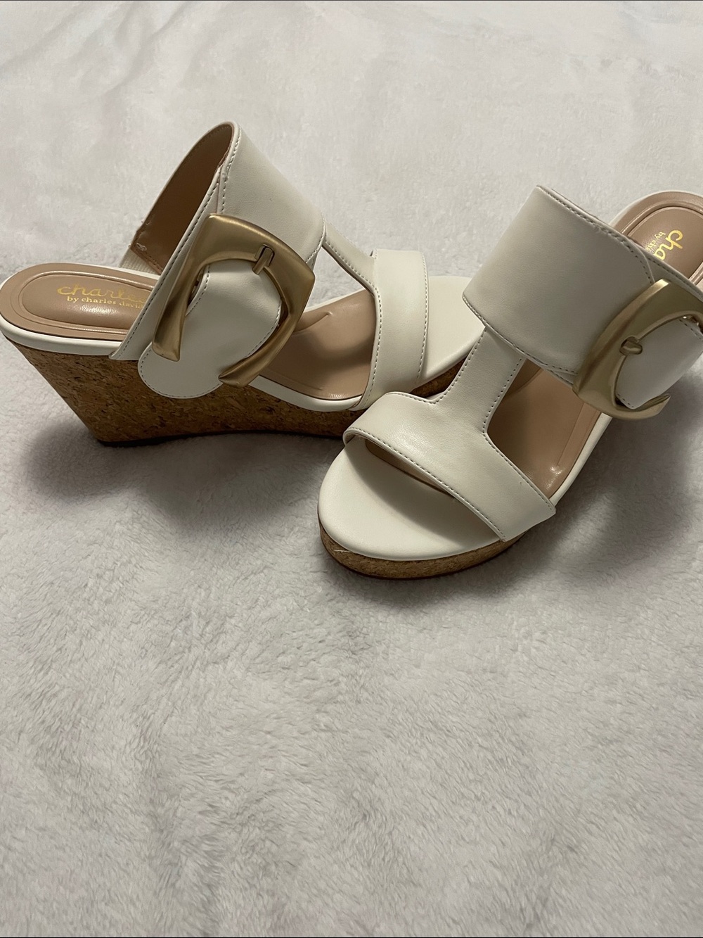 Charles David White Cork Wedge Sandals with Gold Buckle Detail